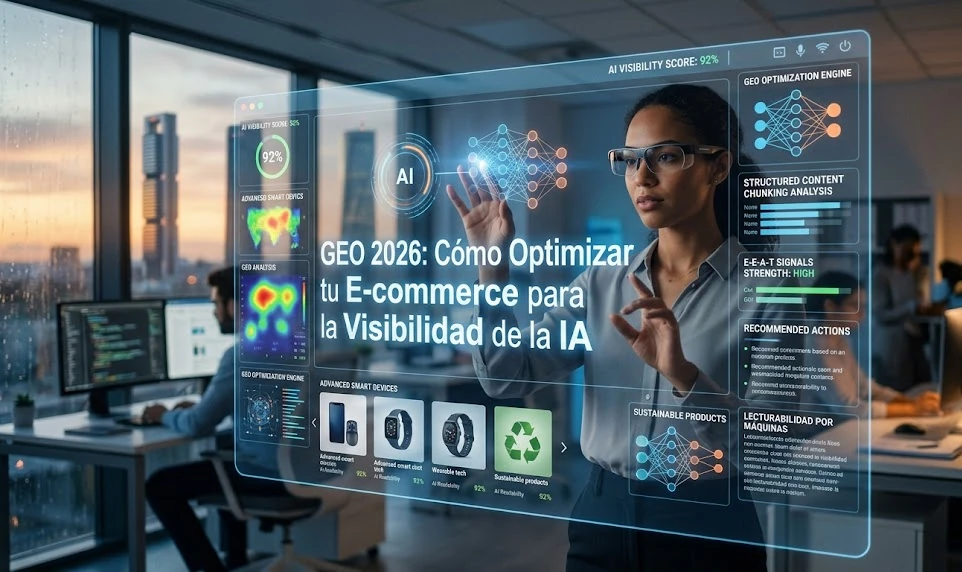 Una profesional de marketing digital interactúa con una gran interfaz holográfica en una oficina moderna para optimizar e-commerce para la IA.