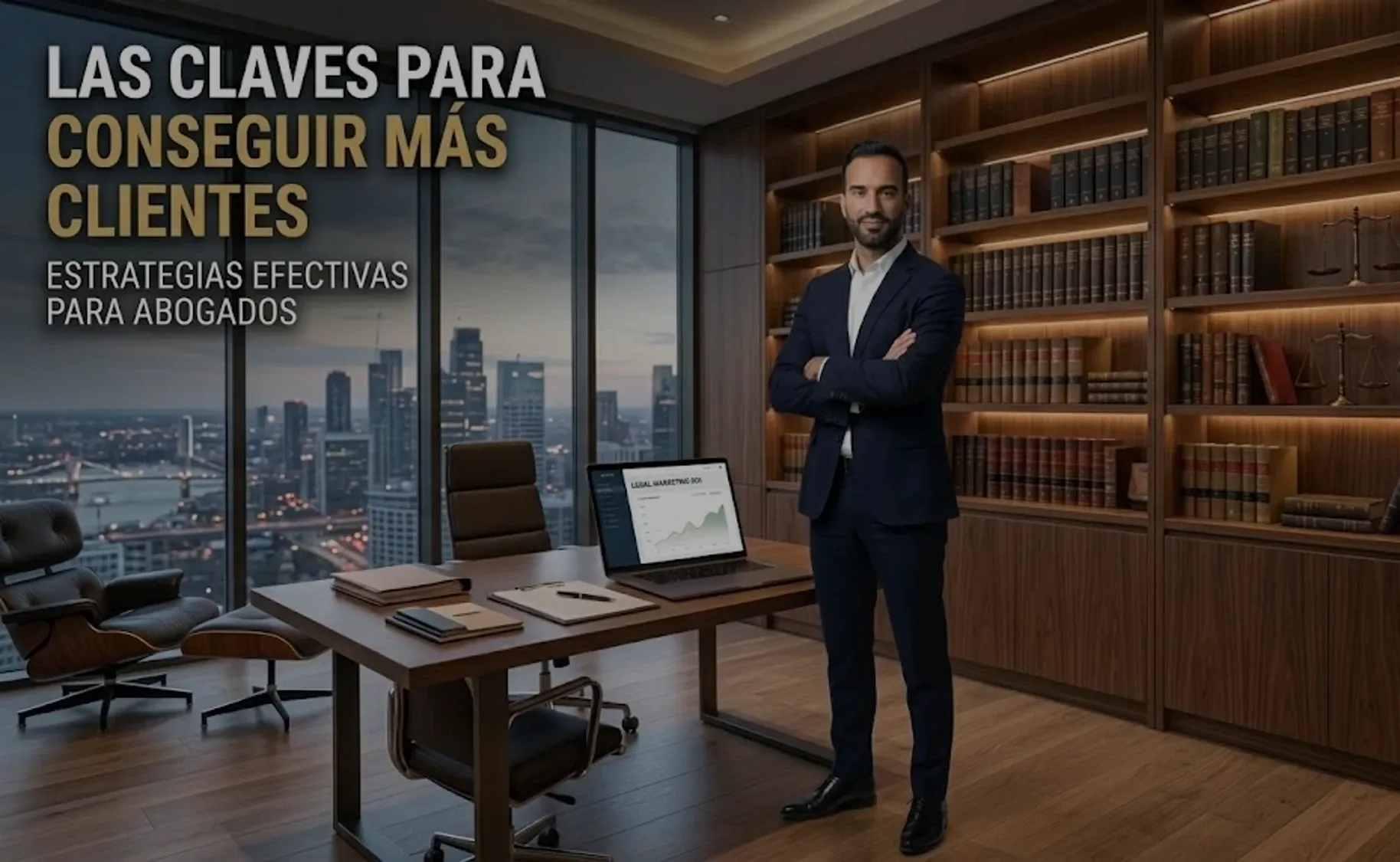 Abogado profesional en oficina de lujo con texto sobre claves para conseguir más clientes y laptop con ROI de marketing legal.