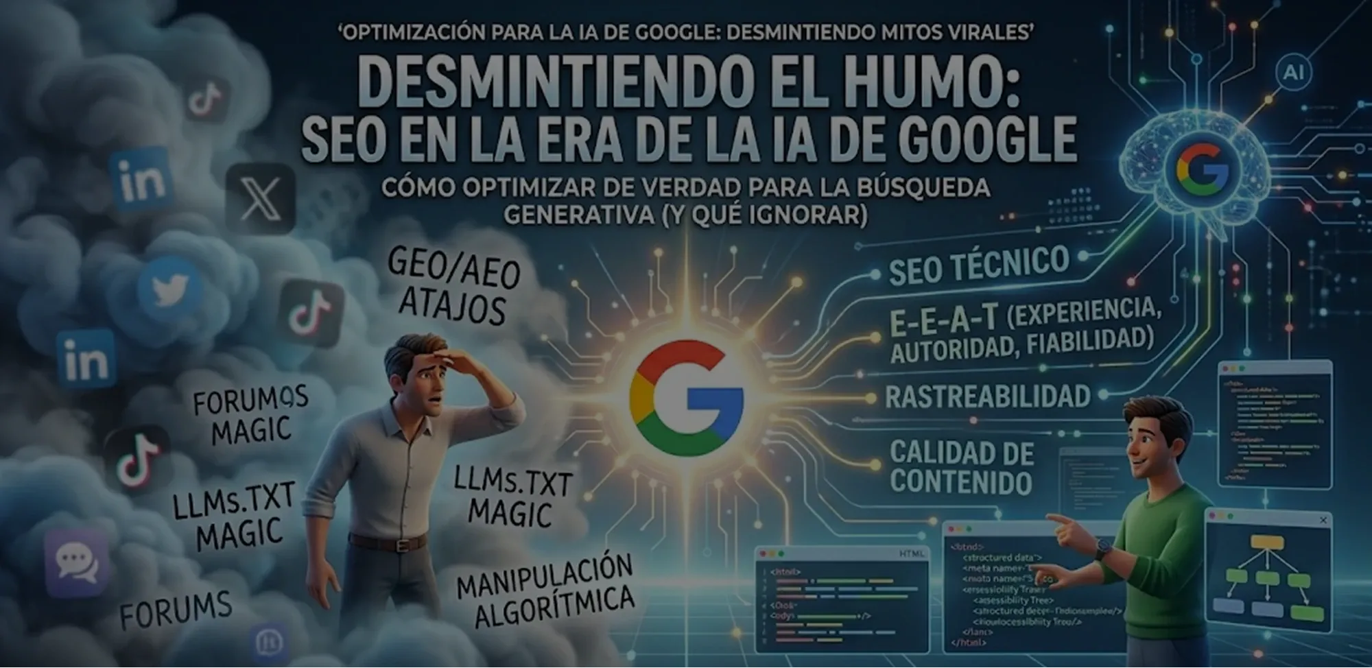 Infografía comparativa sobre SEO y la IA de Google. A la izquierda, un hombre confundido en el humo con mitos de atajos y manipulación algorítmica. A la derecha, un hombre sonriente con datos sobre SEO Técnico, E-E-A-T y Calidad de Contenido. Título principal: DESMINTIENDO EL HUMO: SEO EN LA ERA DE LA IA DE GOOGLE.